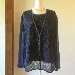 VTG Adrianna Papell 100% Silk Dark Blue Beaded Top Sheer Cardigan Set Sz 2X